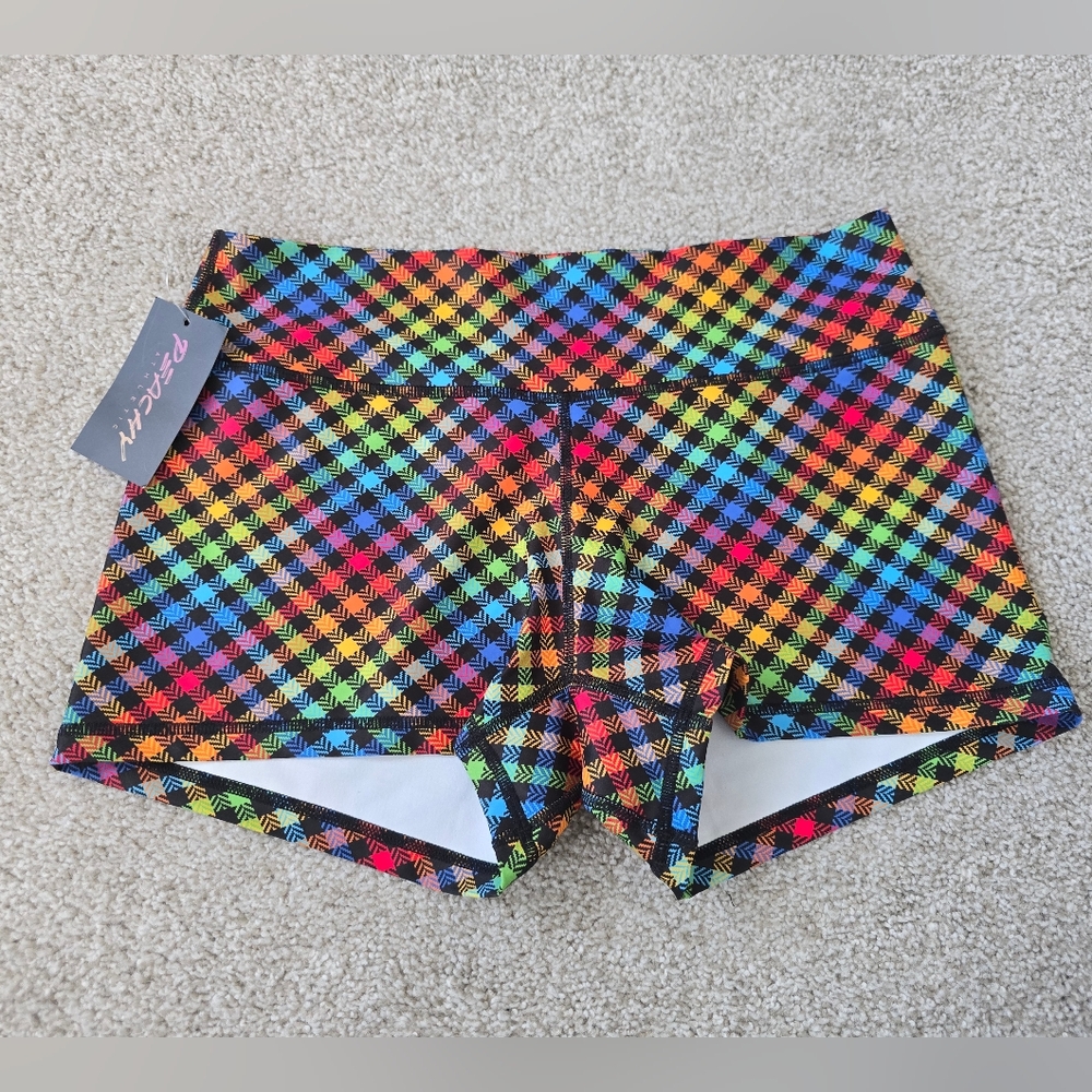 NWT Peachy Athletic Prismatic Plaid Serenity Athletic Shorts Sz Large